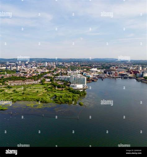 An Aerial View Of Cardiff City From Over Cardiff Bay Stock Photo Alamy