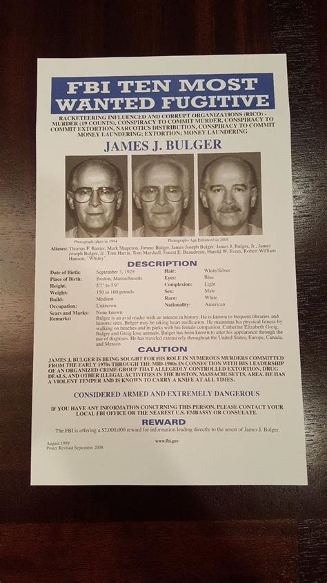 ORIGINAL JAMES WHITEY BULGER FBI WANTED POSTER | #1910976384