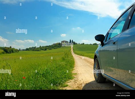 Car On A Straight Country Road Tuscany Italy Stock Photo Alamy