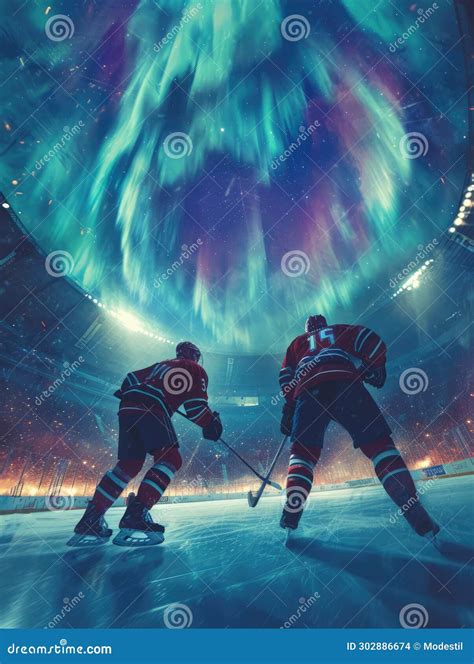 Ice Hockey Player Action Illustration Northern Lights Stock Photo