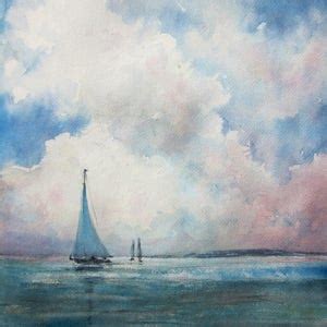 The Blue Boat Watercolor Painting Original Sunrise Beach Painting ...