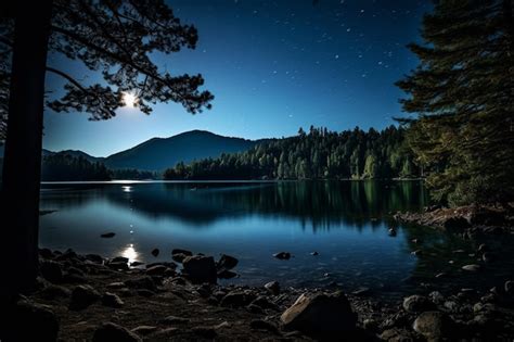 Pintura de paisagem de fantasia floresta de lago e lua cheia no céu