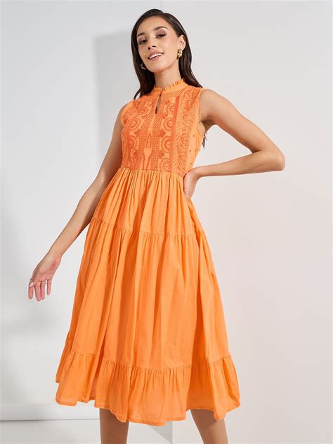 Buy Styli Orange Coloured Floral Embroidered Keyhole Neck Tiered Pure