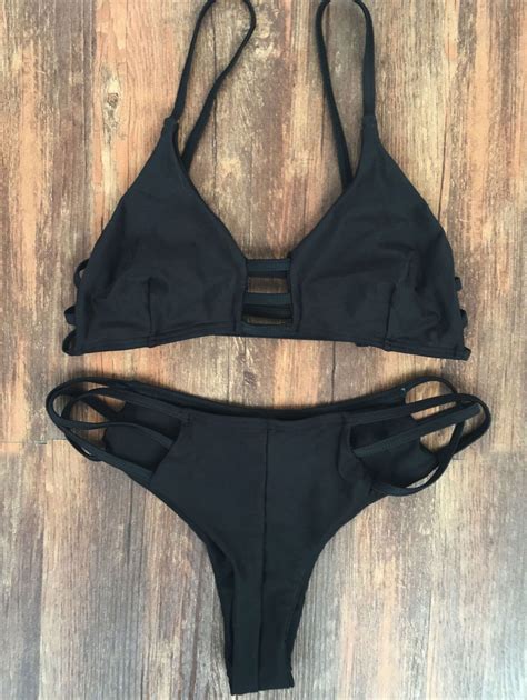 Spaghetti Straps Elastic Solid Color Bikini Set Black M Bikini