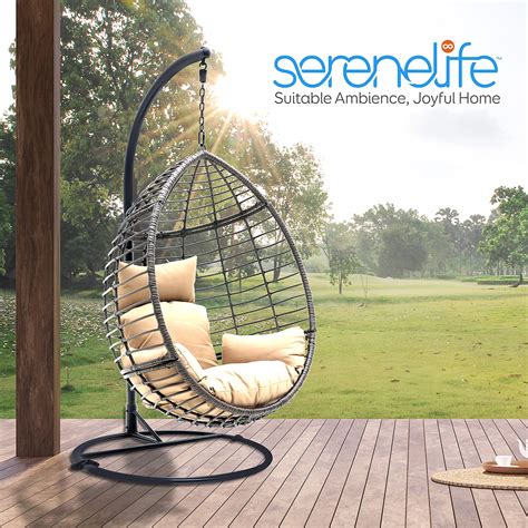 SereneLife Hanging Egg Indoor Outdoor Patio Wicker Rattan Lounge Chair