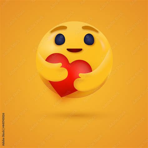 3d Emoji Care Reaction Smiling Hugging Emoticon With A Red Heart And