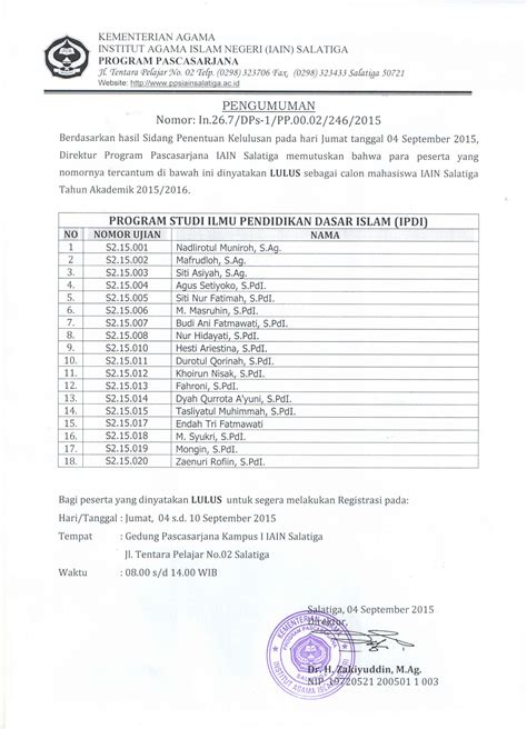 Pengumuman Lulus Ujian PMB Tahun 2015 Program Studi IPDI PASCASARJANA