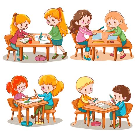 Actividad Clipart Conjunto De Ni Os Estudiando En La Mesa De Dibujos