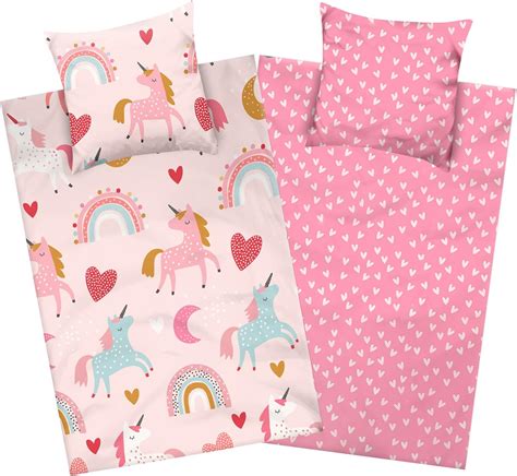 Aminata kids Biber Bettwäsche 135 x 200 Kinder Einhorn Motiv Mädchen