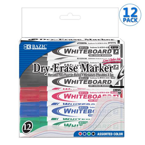 BAZIC Dry Erase Marker Assorted Color Chisel Tip Whiteboard Markers 12