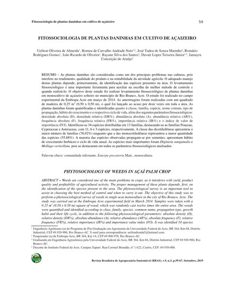 PDF FITOSSOCIOLOGIA DE PLANTAS DANINHAS EM CULTIVO DE AÇAIZEIRO