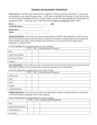 Free 10 Hazard Assessment Checklist Samples Fall Identification Risk