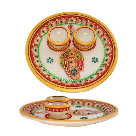 Indian White Marble Pooja Thali Set Diya Aarti Plate Haldi Kumkum