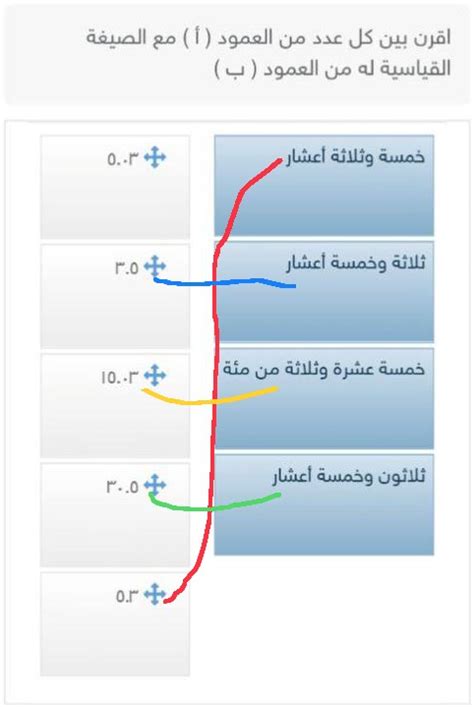 اقرن بين كل عدد من العمود أ مع الصيغة القياسية له من العمود ب