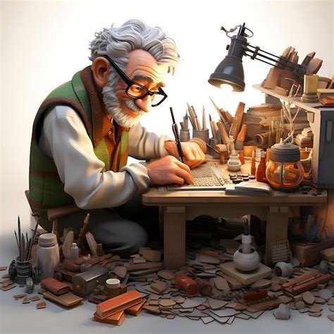 Ilustração 3D de um artesão trabalhando em sua mesa em sua oficina