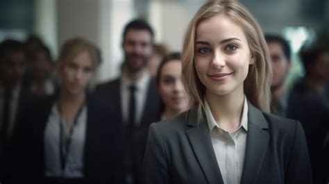 Premium Ai Image A Woman In A Suit Stands In Front Of A Group Of People