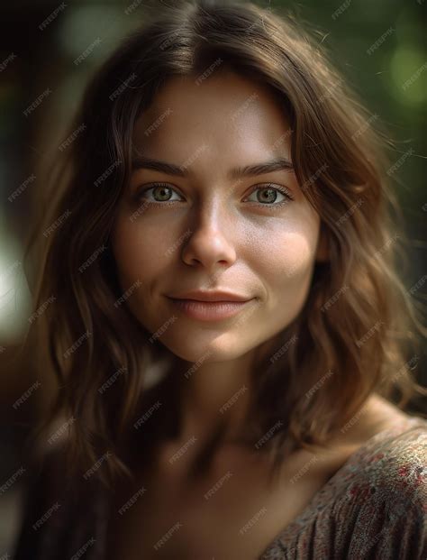 Premium Ai Image A Woman With Brown Hair And A Green Eyes Looks Into The Camera