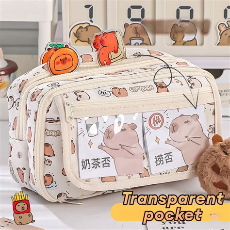 Kawaii Saco Multicamadas Capybara Transparente Para Lápis e Caneta de