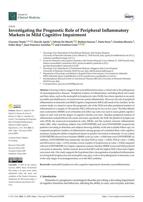 Pdf Investigating The Prognostic Role Of Peripheral Inflammatory Markers In Mild Cognitive