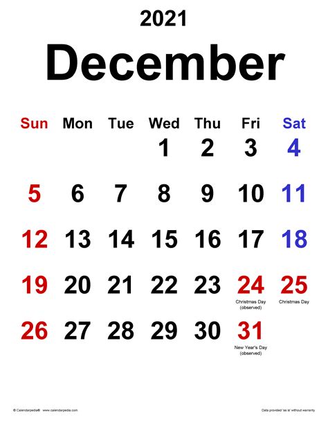 December 2021 Calendar Templates For Word Excel And Pdf