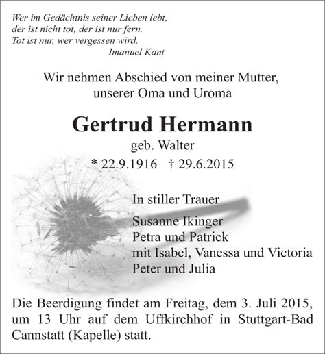 Traueranzeigen Von Gertrud Hermann Zeit Des Gedenkens De