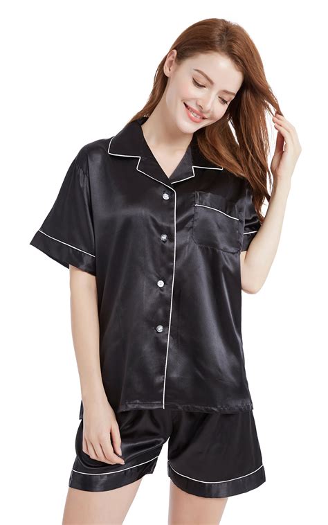 Womens Silk Satin Pajama Set Short Sleeve Black With White Piping Tony And Candice