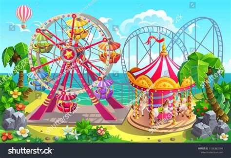 Amusement Park On Tropical Beach Carousel Ferris Wheel Roller