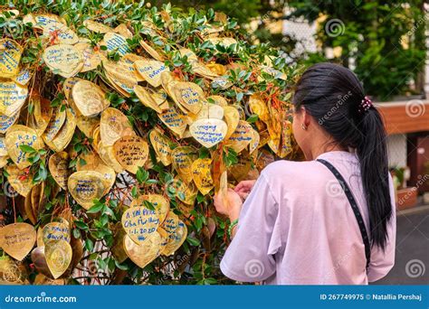 Buddhist Golden Leaves With Wishes On Bodhi Tree Female Adult Tying Up