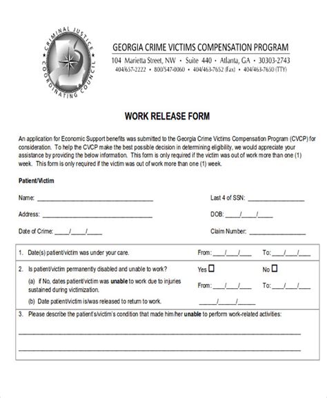 Return To Work Release Form