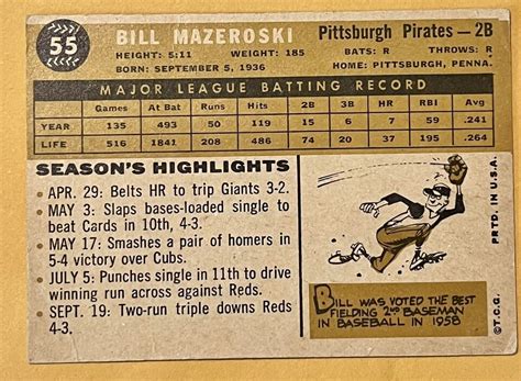 1960 Topps Baseball Bill Mazeroski Pittsburgh Pirates Card 55 White