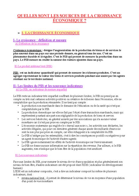 QUELLES SONT LES SOURCES DE LA CROISSANCE ÉCONOMIQUE C est un
