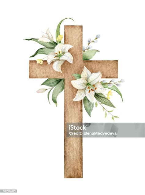 Christian Vector Cross Terbuat Dari Daun Hijau Dan Bunga Lily Putih