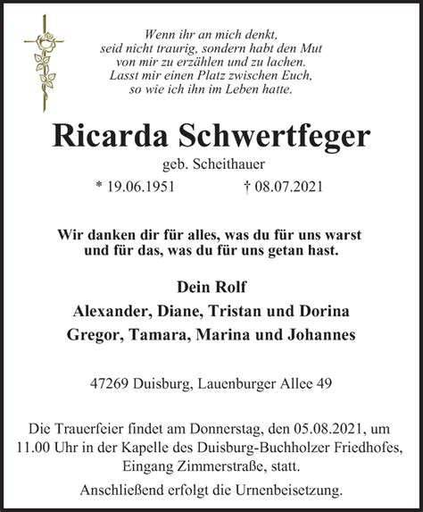 Traueranzeigen Von Ricarda Schwertfeger Trauer In Nrw De