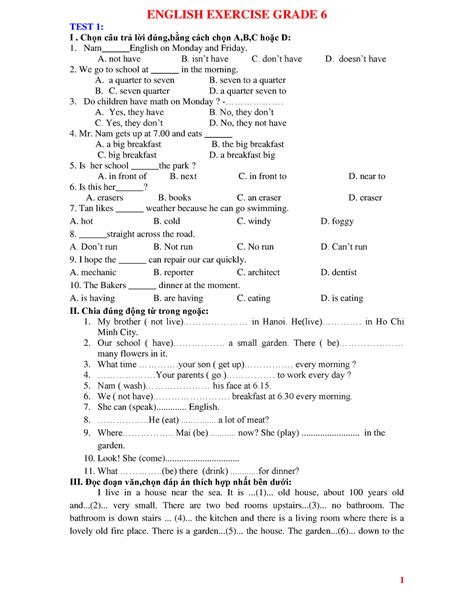 Tong hop bai tap tieng anh lop 6 - ENGLISH EXERCISE GRADE 6 TEST 1: I. Chọn câu trả lời đúng ...