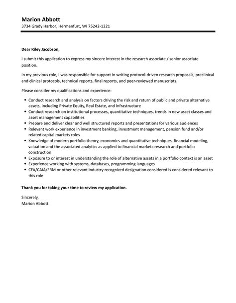 Research Associate Senior Associate Cover Letter Velvet Jobs