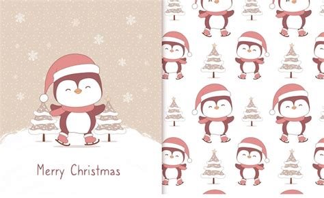 Premium Vector Cute Penguin Christmas Doodle Seamless Pattern And