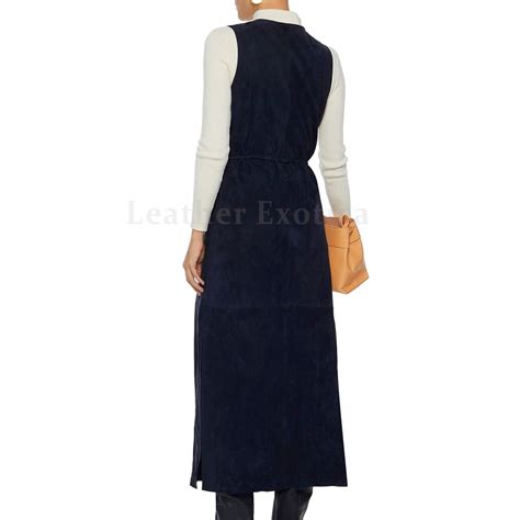 Sleeveless Buttoned Front Suede Leather Long Dress