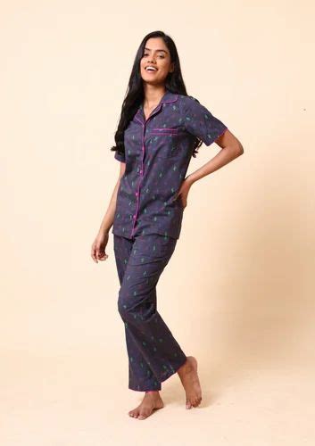 Cotton Purplebase Women Purple Printed Notched Collar Pyjama Sets Size Xl At Rs 805set In