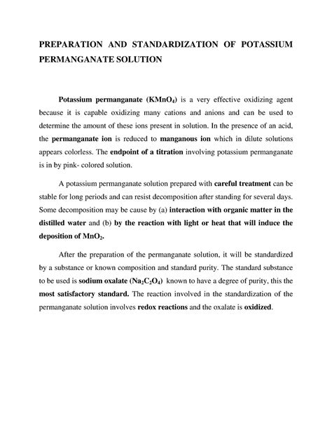 Preparation And Standardization Of Potassium Permanganate Solution Preparation And