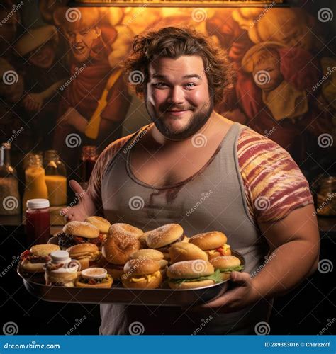 Young Fat Man Holding A Tray Of Junk Food Stock Illustration