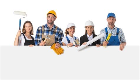 Premium Photo Construction Workers Holding Blank Billboard