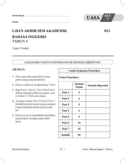 Kertas Model Uasa Bahasa Inggeris Year 4 Sjkt Uma Publications