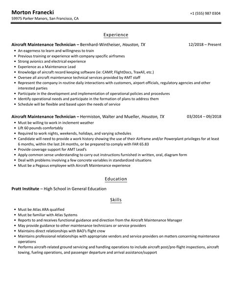 Aircraft Maintenance Technician Resume Samples | Velvet Jobs