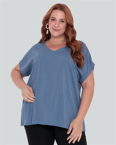 Blusa Feminina Plus Size Viscose Manga Morcego Azul Lojas Torra