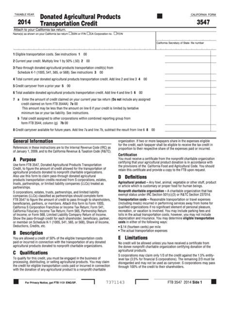 Form 3547 California Donated Agricultural Products Transportation