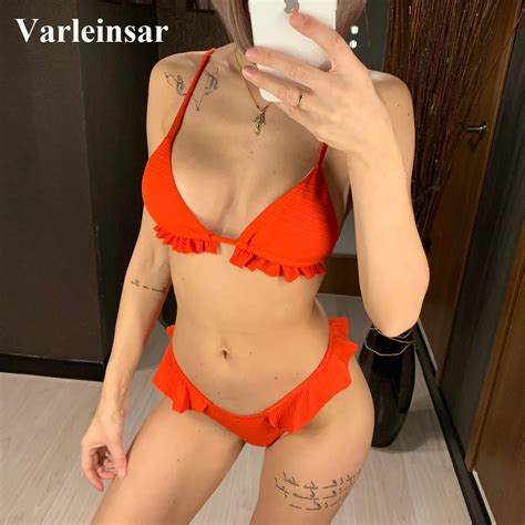 2019 Ruffled Thong Bikini Women Swimwear Female Swimsuit Two Pieces