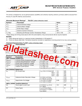 BC547C Datasheet(PDF) - ARTSCHIP ELECTRONICS CO.,LMITED.