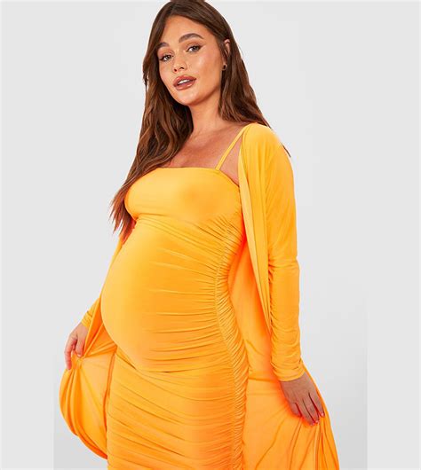 Buy Boohoo Maternity Square Neck Ruched Duster Dress Set In Orange