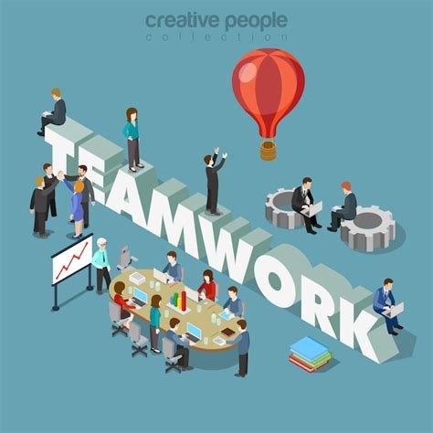 Premium Vector Flat 3d Isometric Style Teamwork Concept