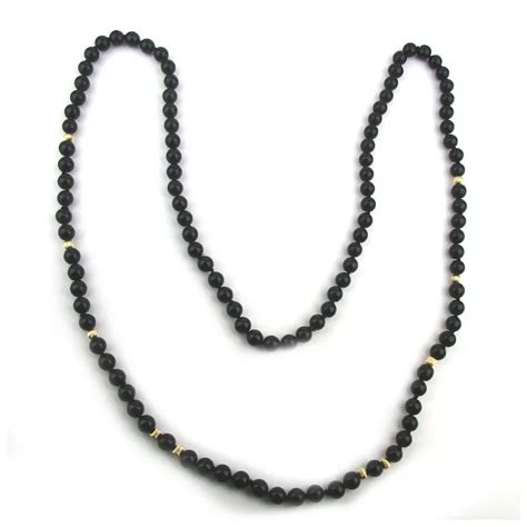 Long Black Onyx Bead Necklace W 14K Gold Melon Beads Ruby Lane